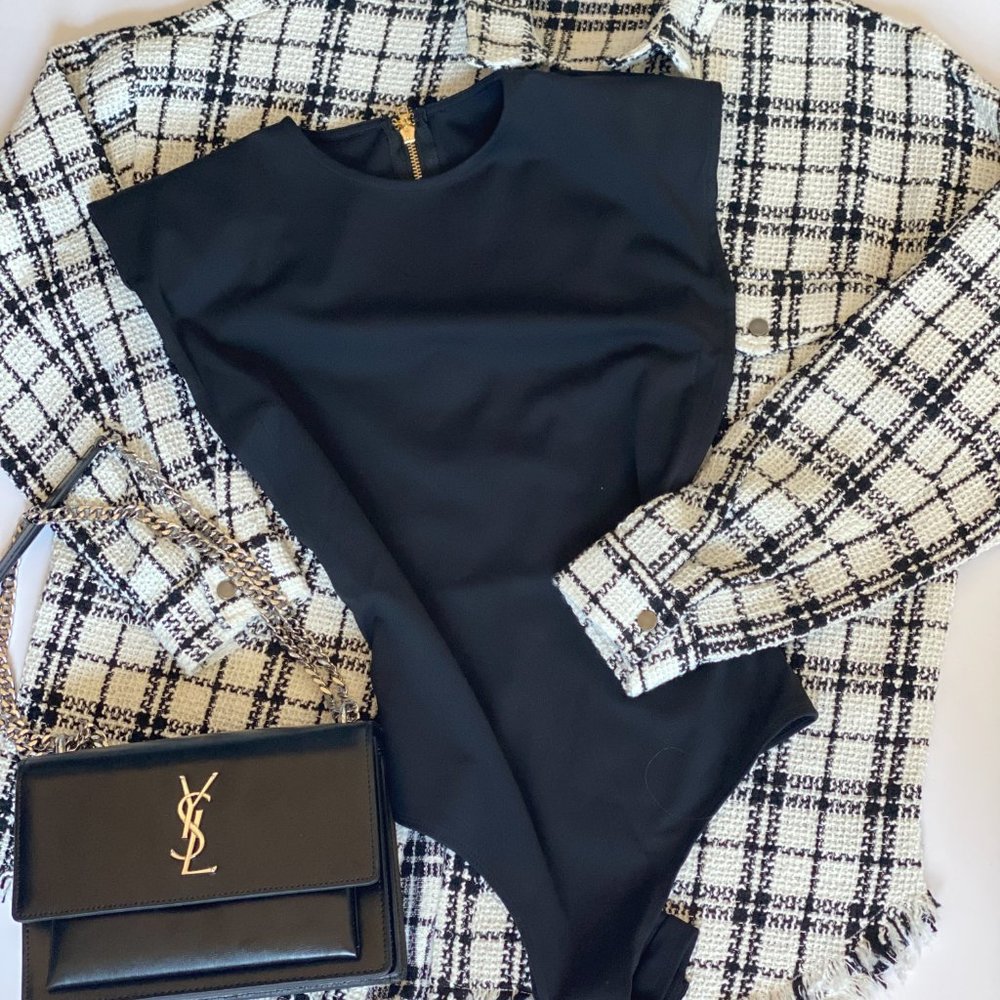 Black Fitted Smoothing Padded Shoulder Bodysuit